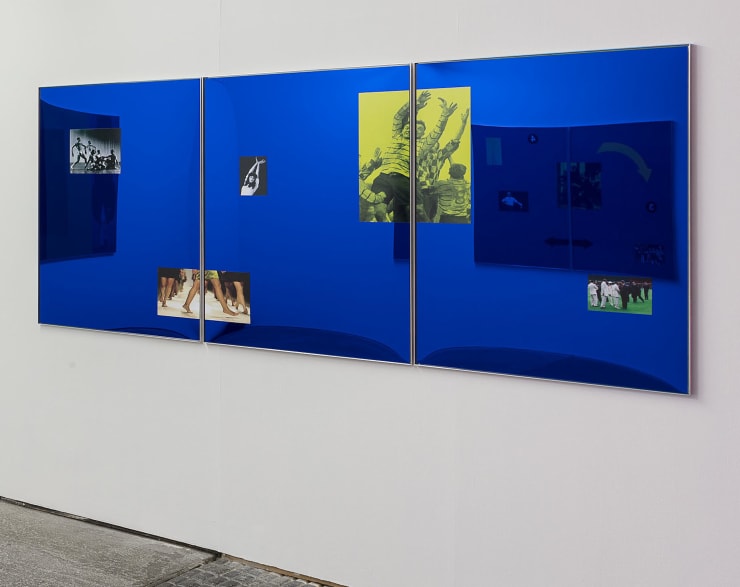 Simeon Barclay With the Thrust of Their Frames They Cut New Forms, 2016 Aluminium, blue acrylic mirror, vinyl adhesive 119 x 270 x 2 cm 46 7/8 x 106 1/4 x 3/4 in