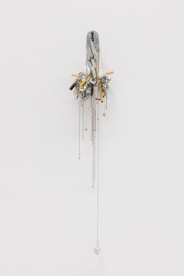 George Henry Longly Str8 Cock Worship , 2019 Nitrousoxide, metal chains, plastic, make up, anusol, bamboo ,eggs 117 x 26 x 17 cm 46 1/8 x 10 1/4 x 6 3/4 in