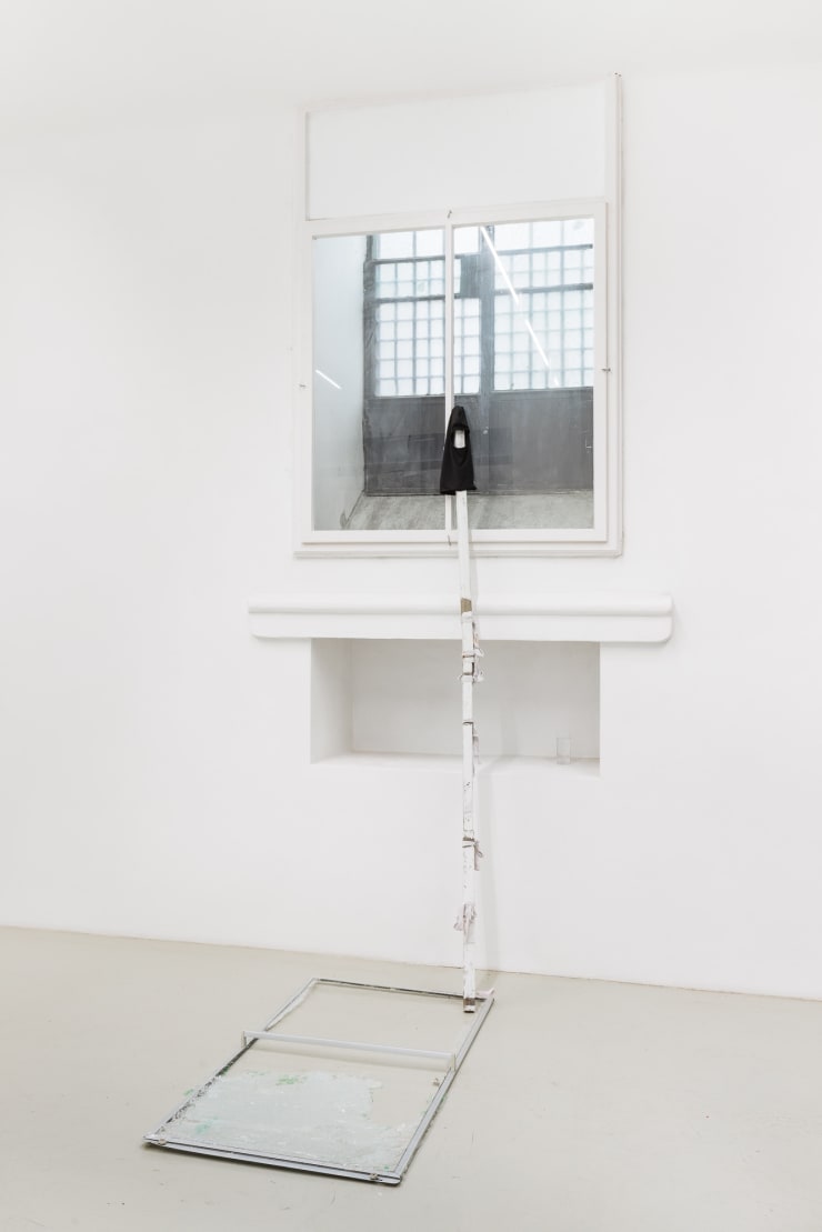 Allen-Golder Carpenter Body Surrogate 1, 2023 Rebar rod, Painted Wood poles, Shredded shirts, Tempered Glass (shattered), 2x bags of salvaged shattered glass granules (from same door), Book, Women's heels, Plastic water bottle, Ski mask, Flag of Ski masks sewn together, Weave cap wot attached chin strap 180 x 90 cm 70 7/8 x 35 3/8 in