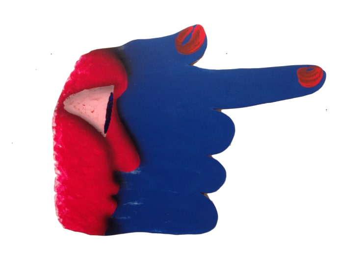 James English Leary Hand Becoming the Thing it is Touching (Ruby Face on Blue Hand), 2018 Acrylic on Shaped Panel 104.1 x 81.3 cm 41 x 32 in