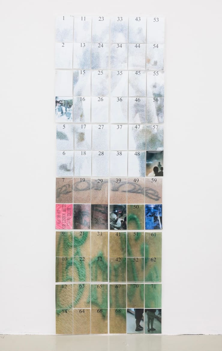 Allen-Golder Carpenter Gods, 2025 plastic bags, photographs on paper 189 x 64 cm 74 3/8 x 25 1/4 in
