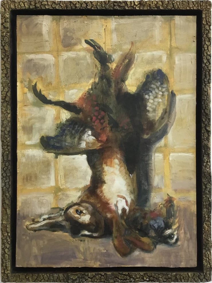 Joseph Peragine AftertheHunt-YellowTile, 2018 acrylic and oil on canvas with a polyurethane frame 24 x 17 1/2 inches