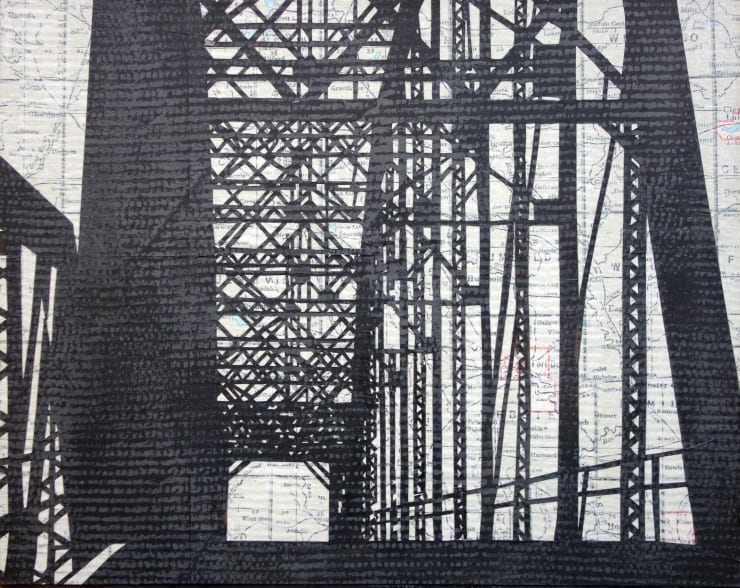 William Steiger West Side Bridge Collage with cut & found paper, gouache & acrylic paint, glue, mounted on board 8 x 10 inches