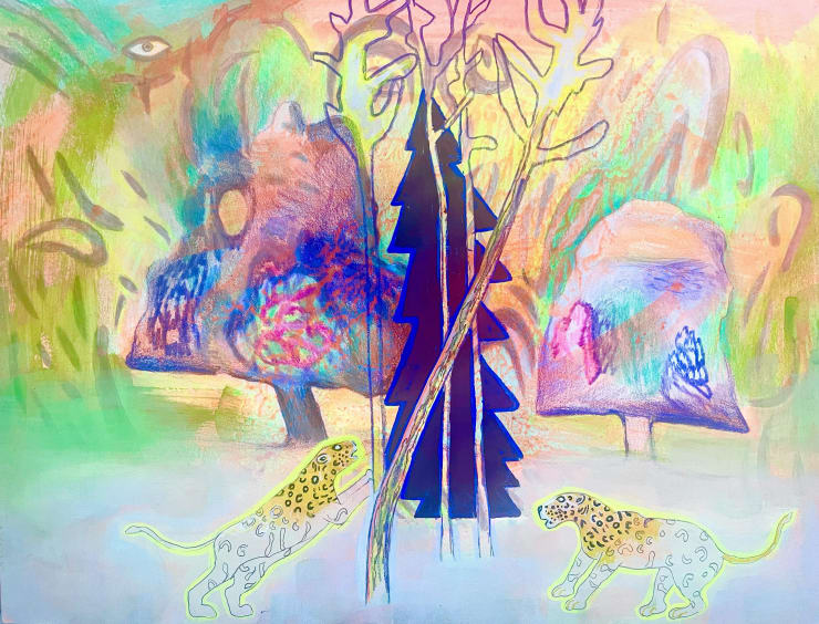 Jennifer Coates Two Leopards, Trees and an Eye in the Sky, 2022 gouache and colored pencil on paper 9 x 12 inches