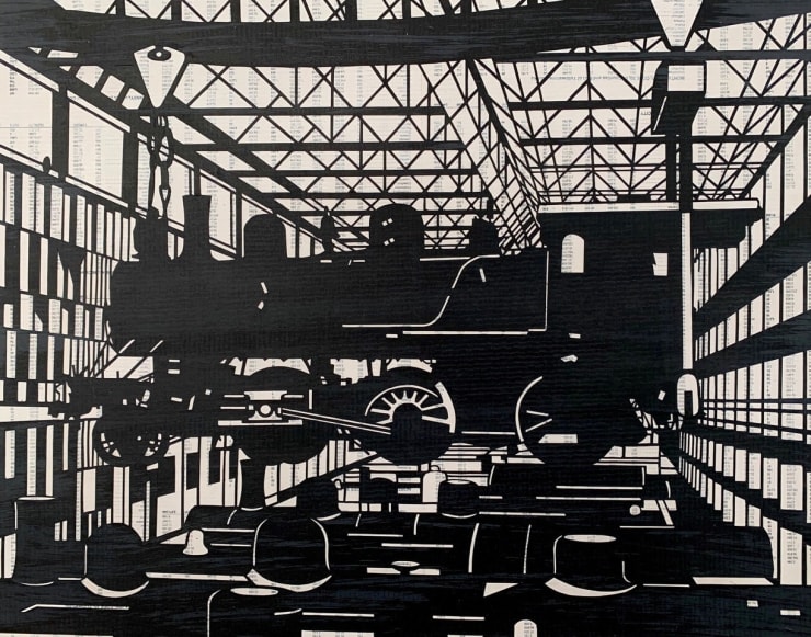 William Steiger Hanging Train, 2020 collage of found & cut paper, gouache, glue 16 x 20 inches