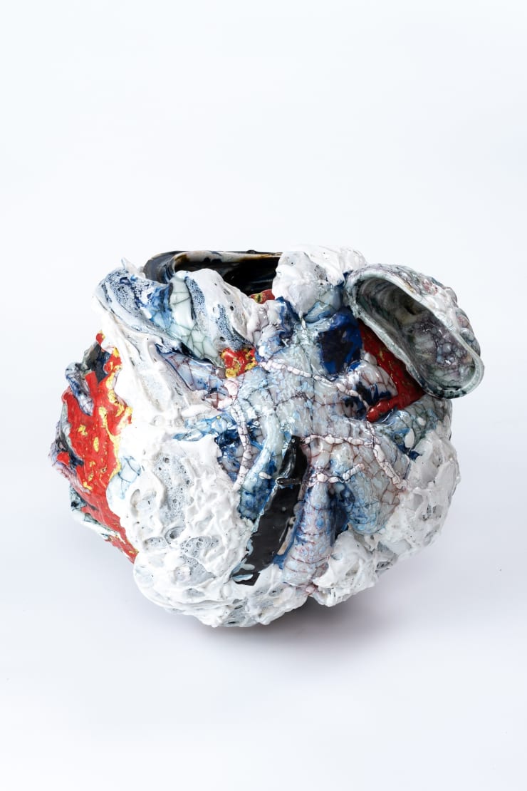 Kodai Ujiie Hybrid Of Ofuke And White Glaze Lacquer Large Jar Twins White Glaze Tea Bowl, 2025 Ceramic, Lacquer 48 x 48 x 44 cm 18 7/8 x 18 7/8 x 17 3/8 in