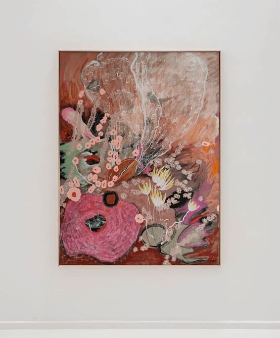 Ileana Magoda Garden of the hardship of life, 2024 Acrylic and oil pastel on linen 120 x 90 x 2.5 cm (Unframed) 47 1/4 x 35 3/8 x 1 in 125 x 95 x 4 cm (Framed) 49 3/16 x 37 3/8 x 1 9/16 in