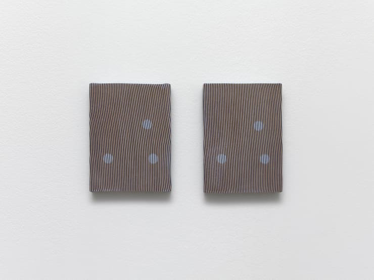 Eric Oglander Something akin to dominoes , 2024 Plywood, fabric from button down shirt, beeswax, epoxy 14.6 x 10.8 cm each 5.75 x 4.25 in each