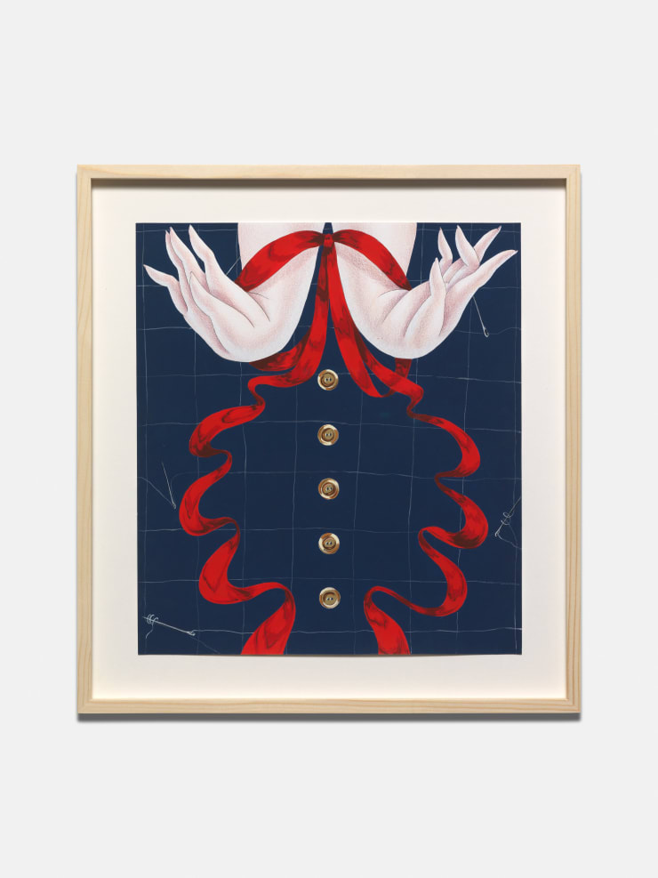 Sarah Slappey Red Ribbon and Buttons, 2022 Gouache, colored pencil and ink 31.1 x 27.9 cm 12 1/4 x 11 in With Frame 39.2 x 35.9 x 2.5 cm