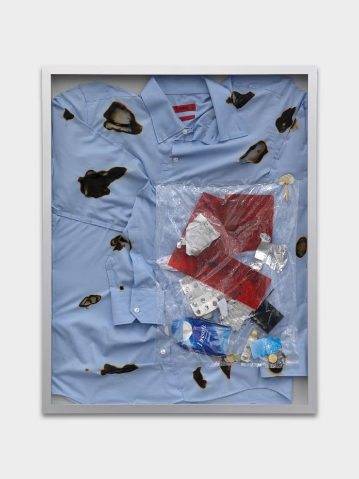 Sitara Abuzar Ghaznawi Male extinction 1, 2021 Mixed media and shirt, framed 75 x 55 cm 29 1/2 x 21 5/8 in