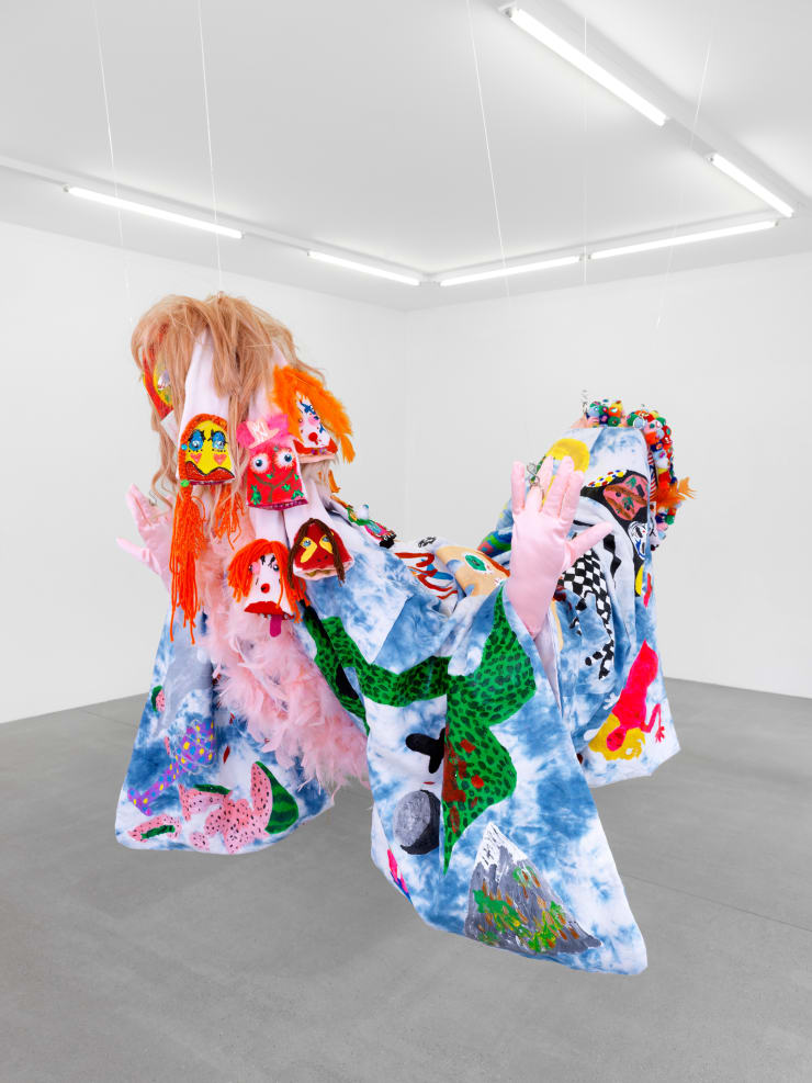 Bailey Scieszka More Heart Than Brains Old Put Kimo Doll, 2017 Linen, acrylic paint, feathers, yarn, socks, felt, iro-an transfer, wig, gemstones, gloves, bathing suit, pon-pon balls, decorated shoes, polyfill 125 x 75 x 15 cm 49 1/4 x 29 1/2 x 5 7/8 in