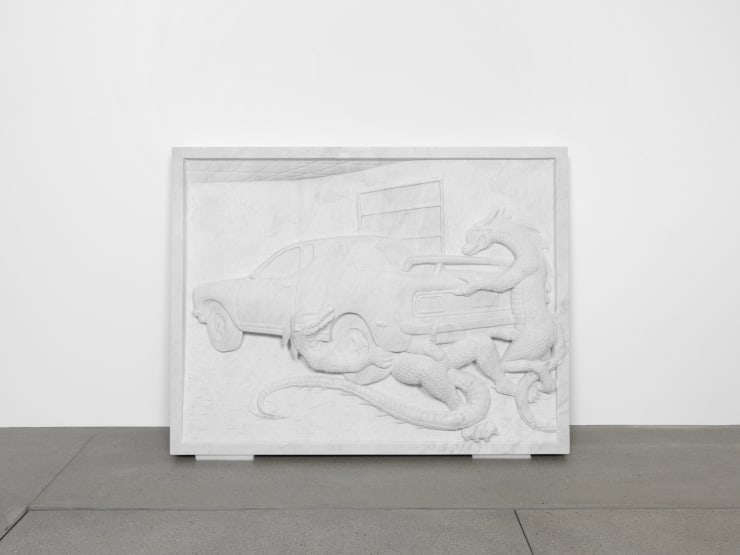 Jon Rafman Dragons Fucking Car II (Relief), 2016 White Carrara Marble 152 x 126 x 20 cm 59 7/8 x 49 5/8 x 7 7/8 in