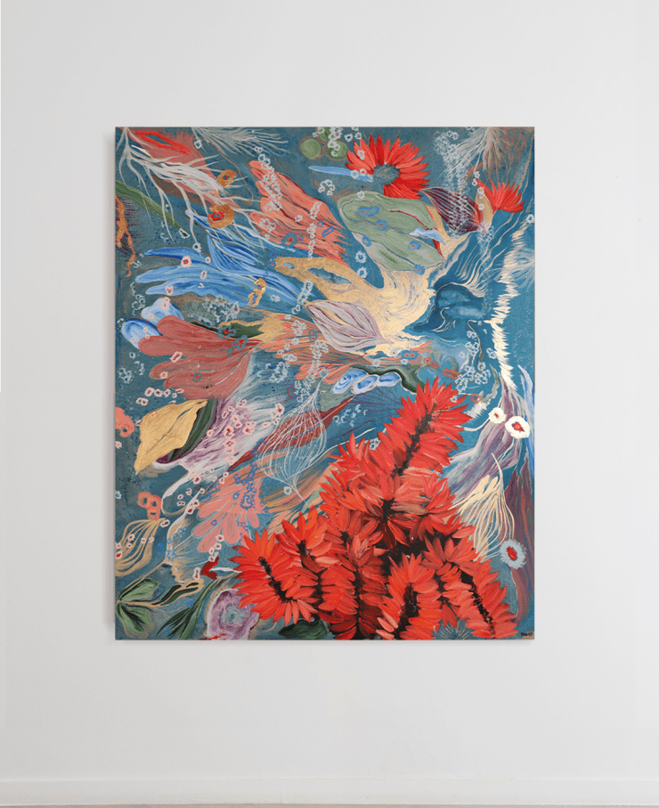 Ileana Magoda The flame of the angels, 2024 Acrylic and oil pastel on linen 170 x 140 x 2.5 cm (Unframed) 66 7/8 x 55 1/8 x 1 in 175 x 145 x 4 cm (Framed) 68 7/8 x 57 1/16 x 1 9/16 in