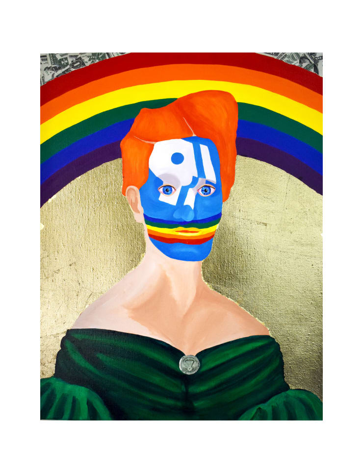 Bailey Scieszka Ms. Viewers Like You (Thank You), 2019 Acrylic, gold leaf, and American dollar bills on linen 68.6 x 53.3 x 2.5 cm 27 x 21 x 1 in