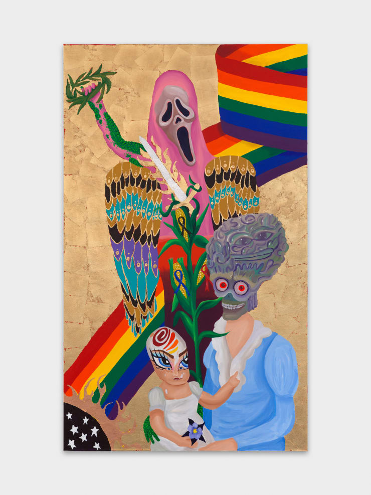 Bailey Scieszka The Flesh Failures, 2022 Acrylic, silver leaf, rose gold leaf, gold, leaf on linen 200.7 x 119.4 cm 79 x 47 in