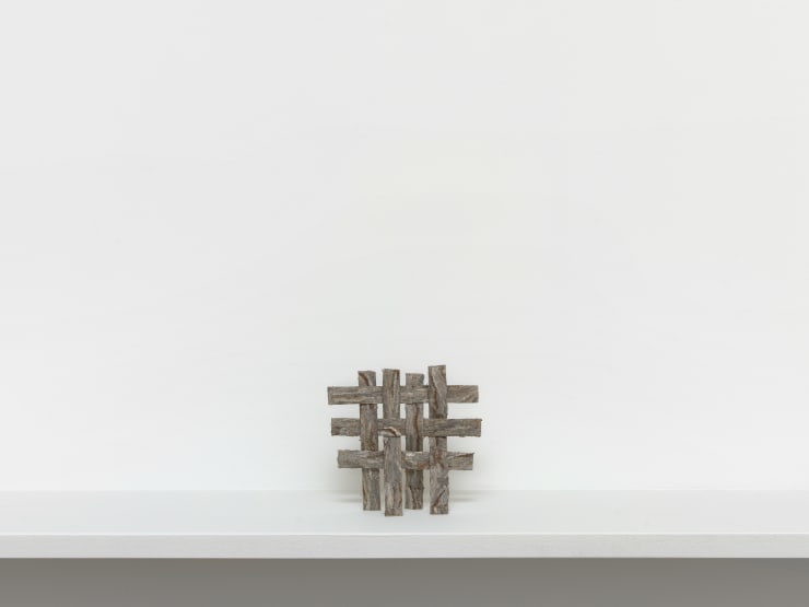 Eric Oglander Plants split. Plants chewed , 2024 Split ash from antique seat, hornets nest, glue 10.8 x 11.43 x 2.54 cm 4.25 x 4.5 x 1 in