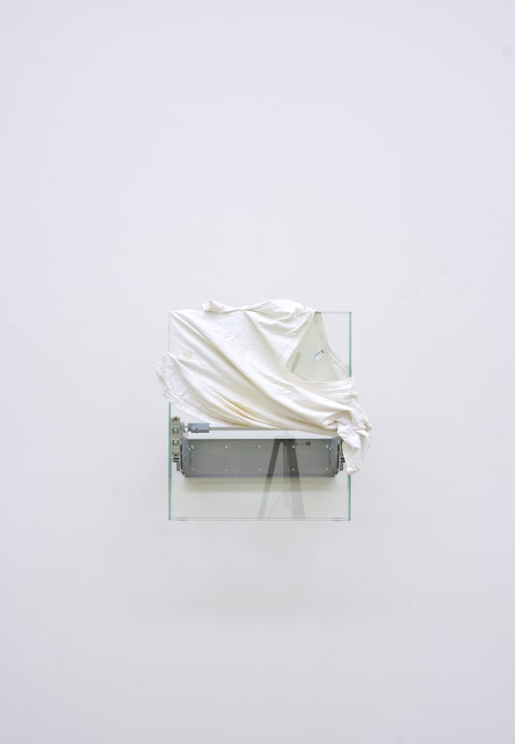 Manuel Burgener Untitled , 2018 glass, aluminium, t-shirt 48 x 54 x 40 cm 18 7/8 x 21 1/4 x 15 3/4 in