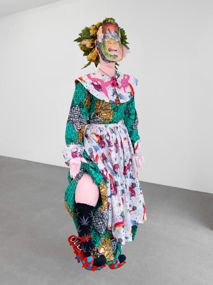 Bailey Scieszka More Heart Than Brains Pilgrim Old Put Doll, 2017 cotton, Swarovski crystals, socks, felt, stripper heels, acrylic paint, pine cones, gemstones, pon-pon balls, fidget spinner, chain, iro-on transfer, plastic flowers, spray paint, polyfill, ribbon 157 x 55 x 25 cm 61 3/4 x 21 5/8 x 9 7/8 in