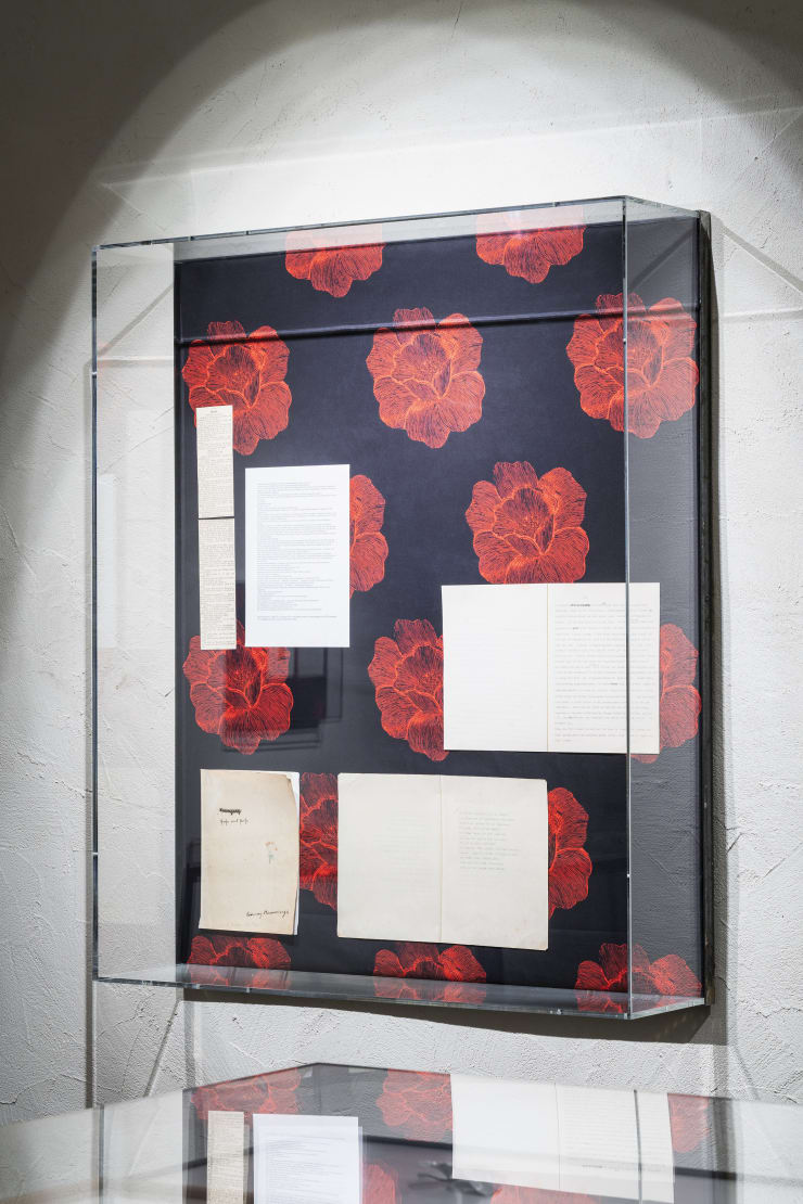 Sitara Abuzar Ghaznawi Showcase (Flower 1), 2020 Laserprint on cotton, facsimiles from Emmy Hennings archives, plexiglass and steel 120 x 90 cm 47 1/4 x 35 3/8 in