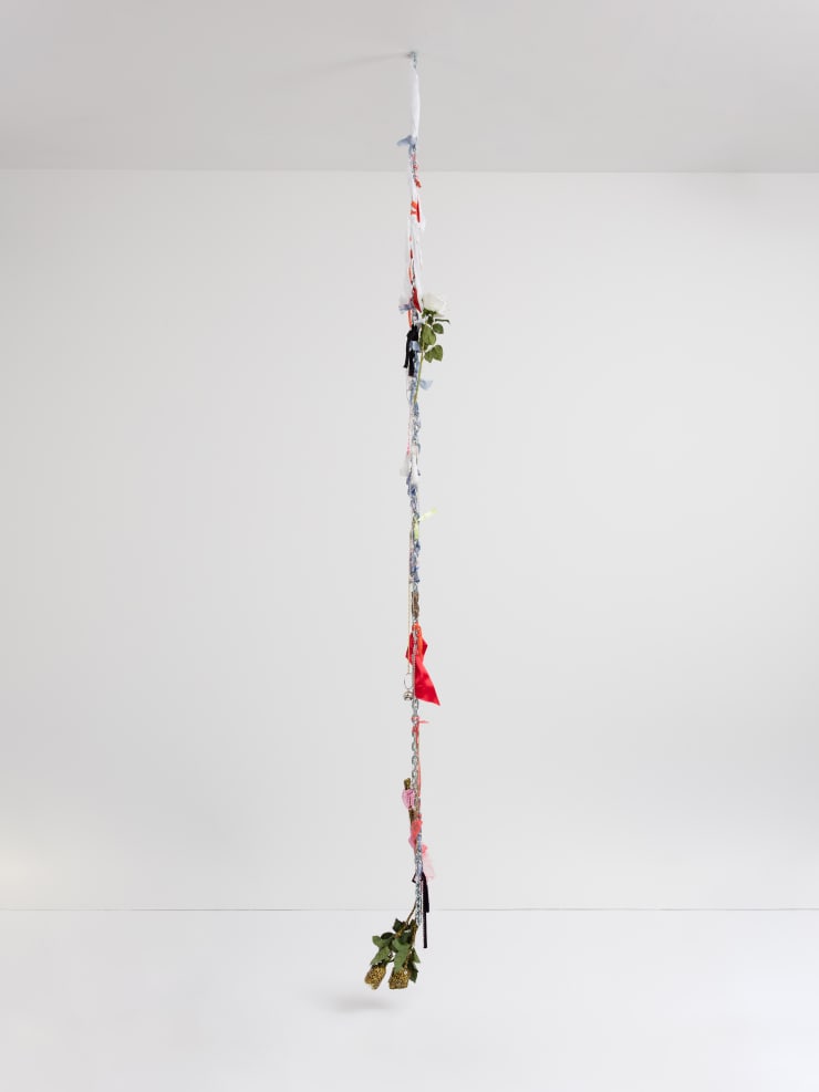 Sitara Abuzar Ghaznawi Pillar 1, 2020 Fabric, chain, mixed media and steel c. 340 x 30 cm 118 1/8 x 11 3/4 in