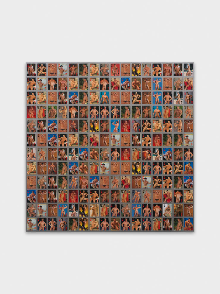 Mitchell Anderson Sonnet to Spenser, 2025 COLT Hairy Men playing cards, staples and dispersion on panel 119.8 x 119.4 x 5 cm 47 1/8 x 47 x 2 in