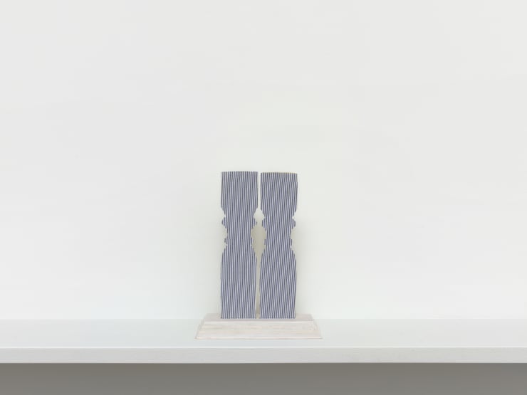 Eric Oglander Mirrored , 2024 Stair rung, fabric from button down shirt, plywood, acrylic paint 18.42 x 13.97 x 6.67 cm 7.25 x 5.5 x 2 5/8 in