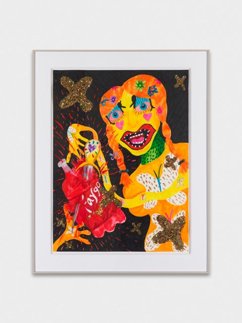 Bailey Scieszka Birthday Old Put Stabbing a Faygo, 2017 Marker on archival paper, glitter, framed 75 x 59 cm 29 1/2 x 23 1/4 in