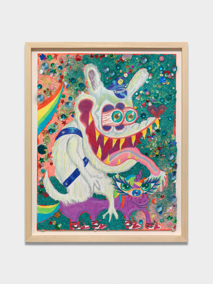 Bailey Scieszka Ashamed Girls Pony #7 (OG Bobby Dolphin Riding a Purple Unicorn), 2021 Colored pencil, sequins, plastic gems, acrylic paint, Elmer's glue, Modge Podge, and glitter on paper 35.6 x 27.9 cm 14 x 11 in