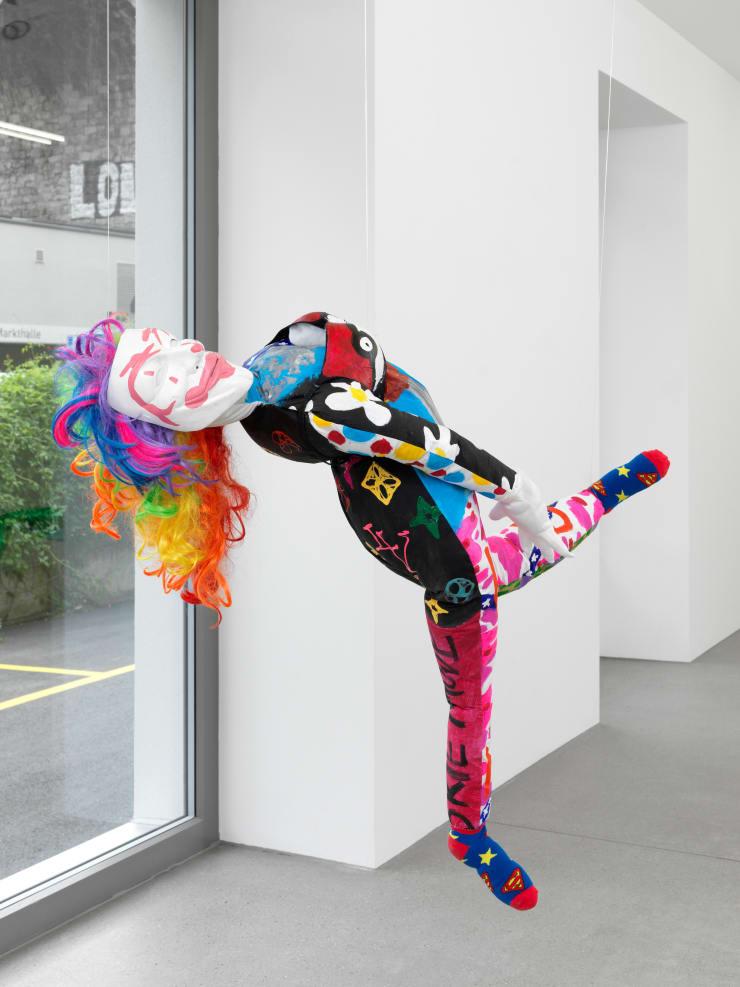 Bailey Scieszka More Heart Than Brains Joumana, 2017 muslin, acrylic paint, plastic mask, wig, socks, gloves and bra, polyfill 125 x 45 x 15 cm 51 1/8 x 17 3/4 x 5 7/8 in