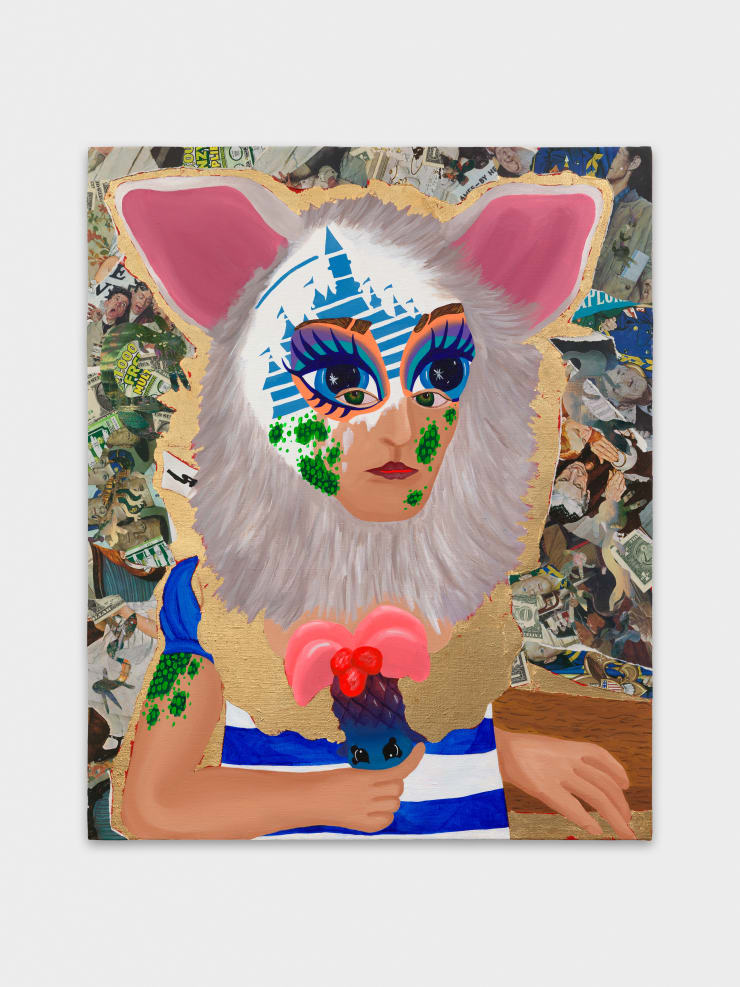 Bailey Scieszka Furby/Girl with Disney Video Face Paint Holding a Shopkins Palm Tree with Little Saint James Themed Dress, 2021 Acrylic, gold leaf, dollar bills, lottery tickets and Norman Rockwell print, and Thomas Kinkade prints on linen 83.8 x 68.6 x 3.8 cm 33 x 27 x 1 1/2 in