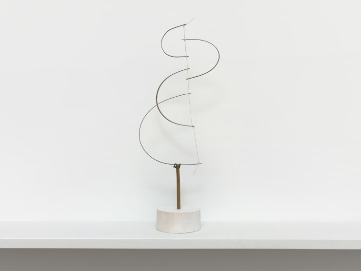 Eric Oglander Four bristles held taut , 2024 Street sweeper bristles, bamboo, wire, nylon string, paper, pine, acrylic paint 38.1 x 15.24 x 10.16 cm 15 x 6 x 4 in