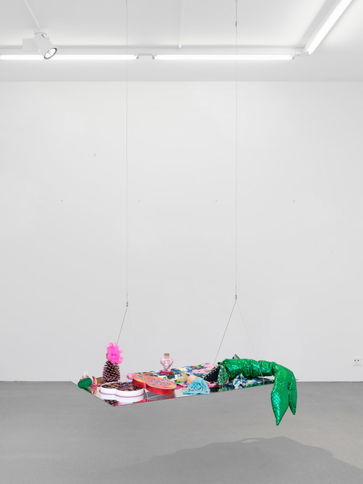 Bailey Scieszka More Heart Than Brains Crafts #2, 2017 pine cones, clay, feathers, acrylic paint, pipe cleaners, cotton fabric, Swarovski crystals, gemstones, glitter, chocolate box, resin coated chocolate, glass, glitter, polyfill, papier-mache, electrical tape, polyester fabric, plexiglass, AA batteries, LAD lights 60 x 125 x 65 cm 23 5/8 x 49 1/4 x 25 5/8 in