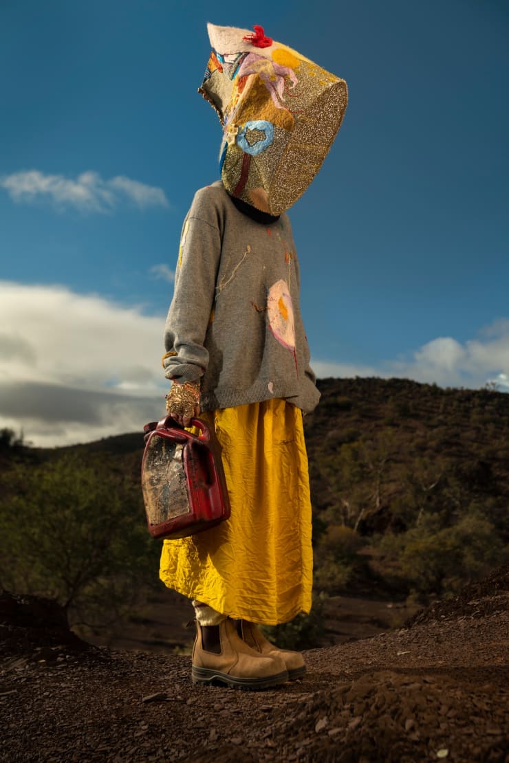 Kasia Tons, Untitled 2 (golden bonnet woman walks), 2020