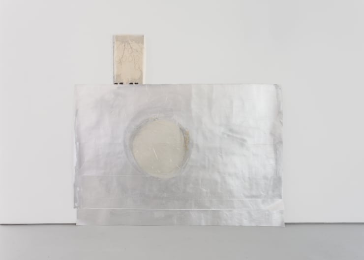 Kate Levant Nacre’ous Composite Vivisection, 2016 Aluminum foil, aerosol adhesive, drafting paper, silicone discs, plastic laminate, rubber-based ink monoprint, oil based polyurethane, nylon spinnaker sail, and aerosol enamel on paper 70 x 77 in. 177.8 x 195.6 cm