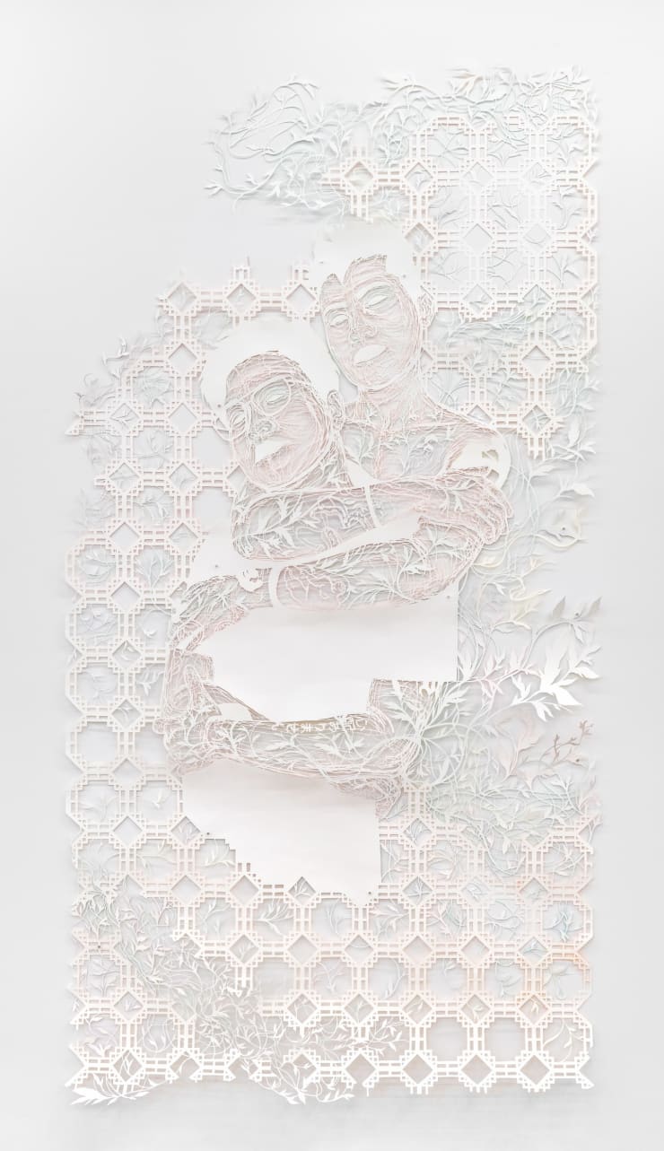 Antonius-Tín Bui for hunger is to give the body what it knows it cannot keep, 2020 Hand-cut paper, ink, pencil, paint 122 x 65 in 309.9 x 165.1 cm