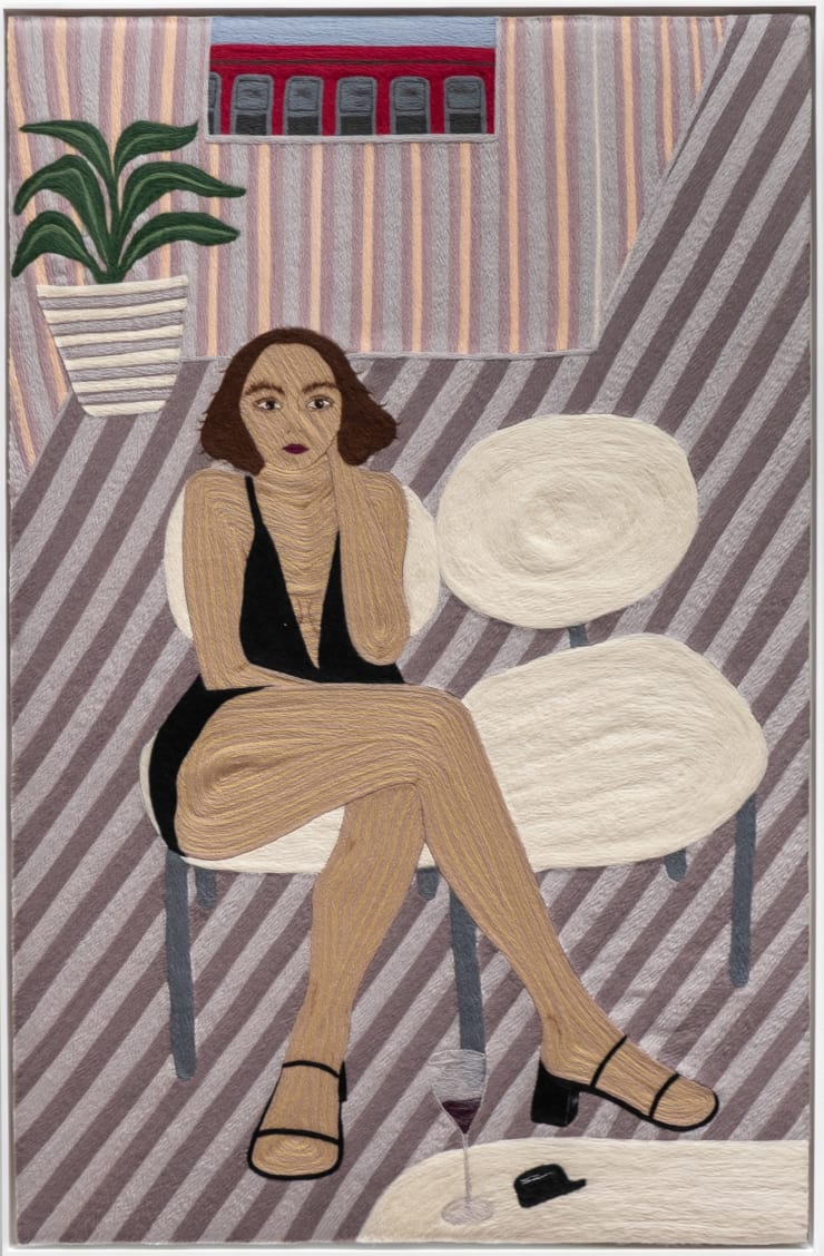 Cheryl Pope Portrait of a Woman with Two Chairs, 2023 needle-punched wool roving on cashmere 60 x 39 1/4 in 152.4 x 99.7 cm