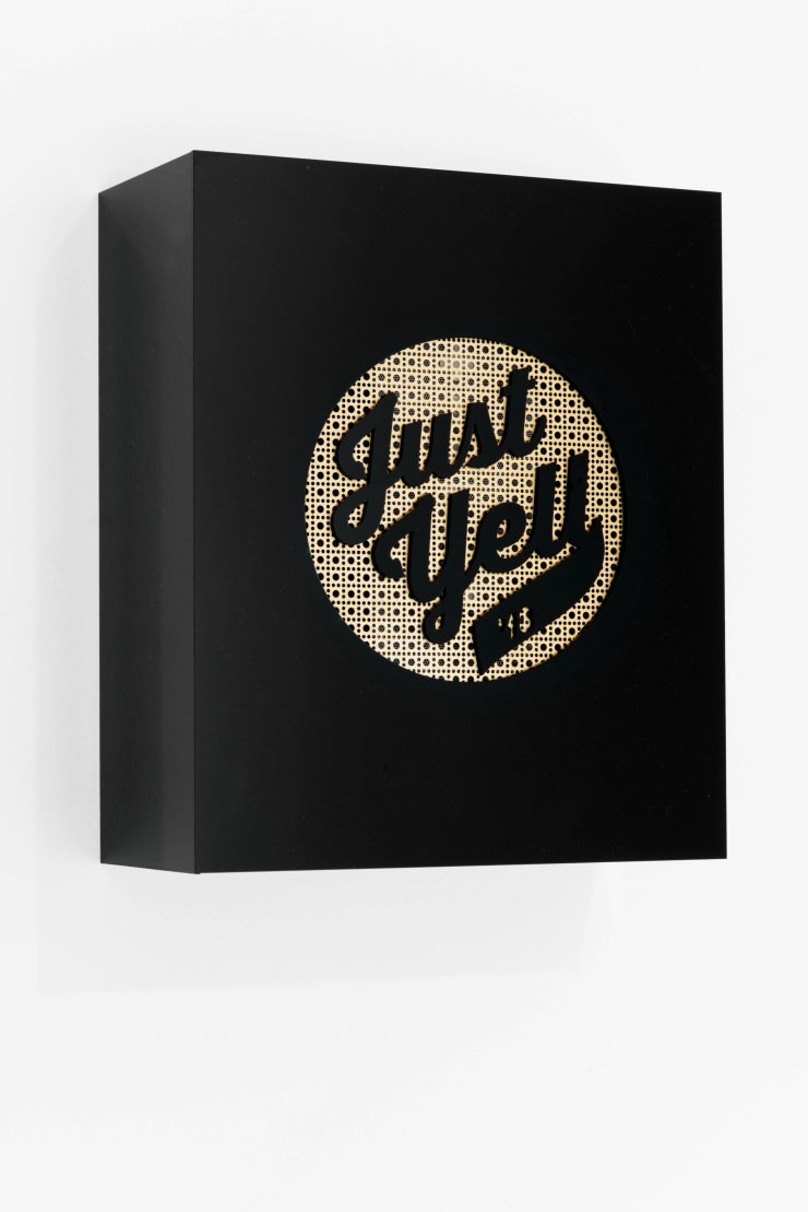 Cheryl Pope Just Yell PA Speaker: Yell REmixed (Audio), 2013 Plexi, metal, jambox speaker, iPod - audio in collaboration with DJ Raj Mahal 12 x 10 x 4 1/2 in. 30.48 x 25.4 x 11.43 cm