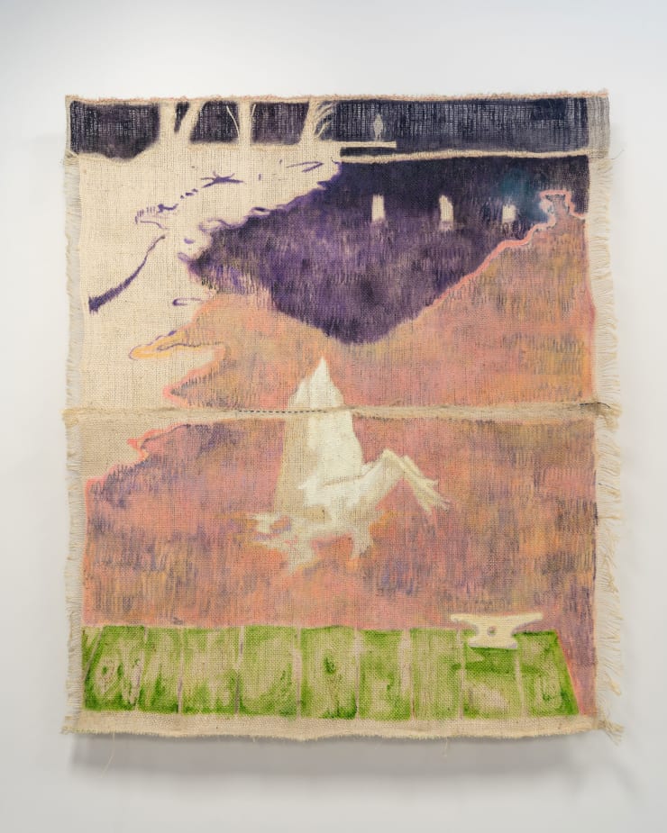 Pedro Montilla At the other end, 2025 Distemper and oil on fique 78 x 67 in 198.1 x 170.2 cm