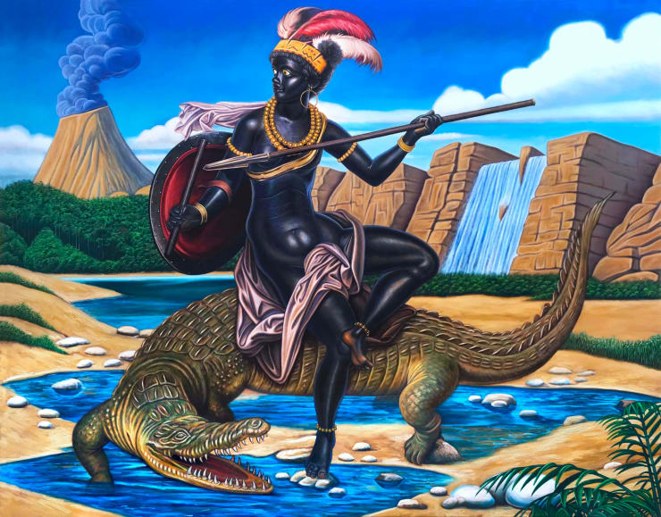 Kajahl Huntress In Oasis (Astride A Crocodile), 2020 oil on canvas 66 x 84 in 167.6 x 213.4 cm
