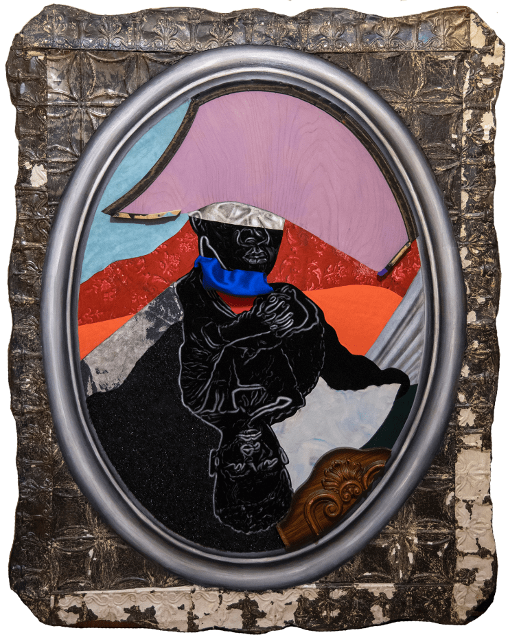 David Shrobe Navigators, 2019-21 oil, acrylic, graphite, charcoal, piano keys, flocking, rubber, wood, canvas, fabric, silver leaf, cold roll steel, book cloth, and mixed media 69 x 54 x 2 1/2 in 175.3 x 137.2 x 6.3 cm