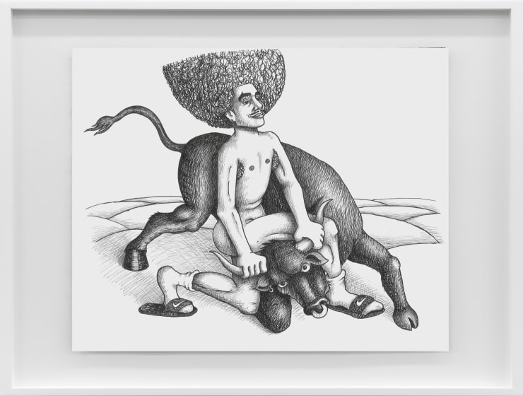 Jake Troyli Self-portrait as Hercules wrestling the Cretan Bull in socks and slides, 2024 ink on paper 14 3/4 x 17 3/4 in (framed) 37.5 x 45.1 cm 11 x 14 in (artwork) 27.9 x 35.6 cm