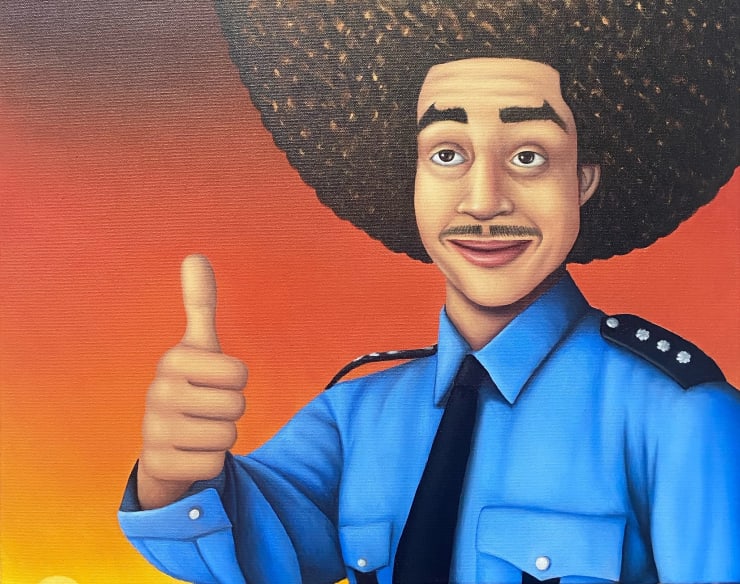 Jake Troyli Self-portrait as a cop at sunset, 2021 oil on canvas 16 x 20 in. 40.6 x 50.8 cm.
