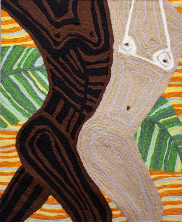 Cheryl Pope Woman and Man Reclining on Striped Mat VIII, 2019 Needle-punched wool roving on cashmere 52 1/2 x 43 in. 133.3 x 109.2 cm