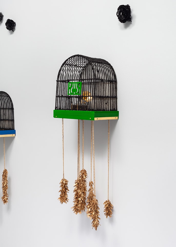 Cheryl Pope CAUGHT A CHILL: #639, 2016 bird cage, yarn, plastic, music box, autobody paint, speaker, arduino, zipper pulls, faux chain necklace, solfeggio frequency, gold leaf 14 x 9 x 48 in. 35.6 x 22.9 x 121.9 cm