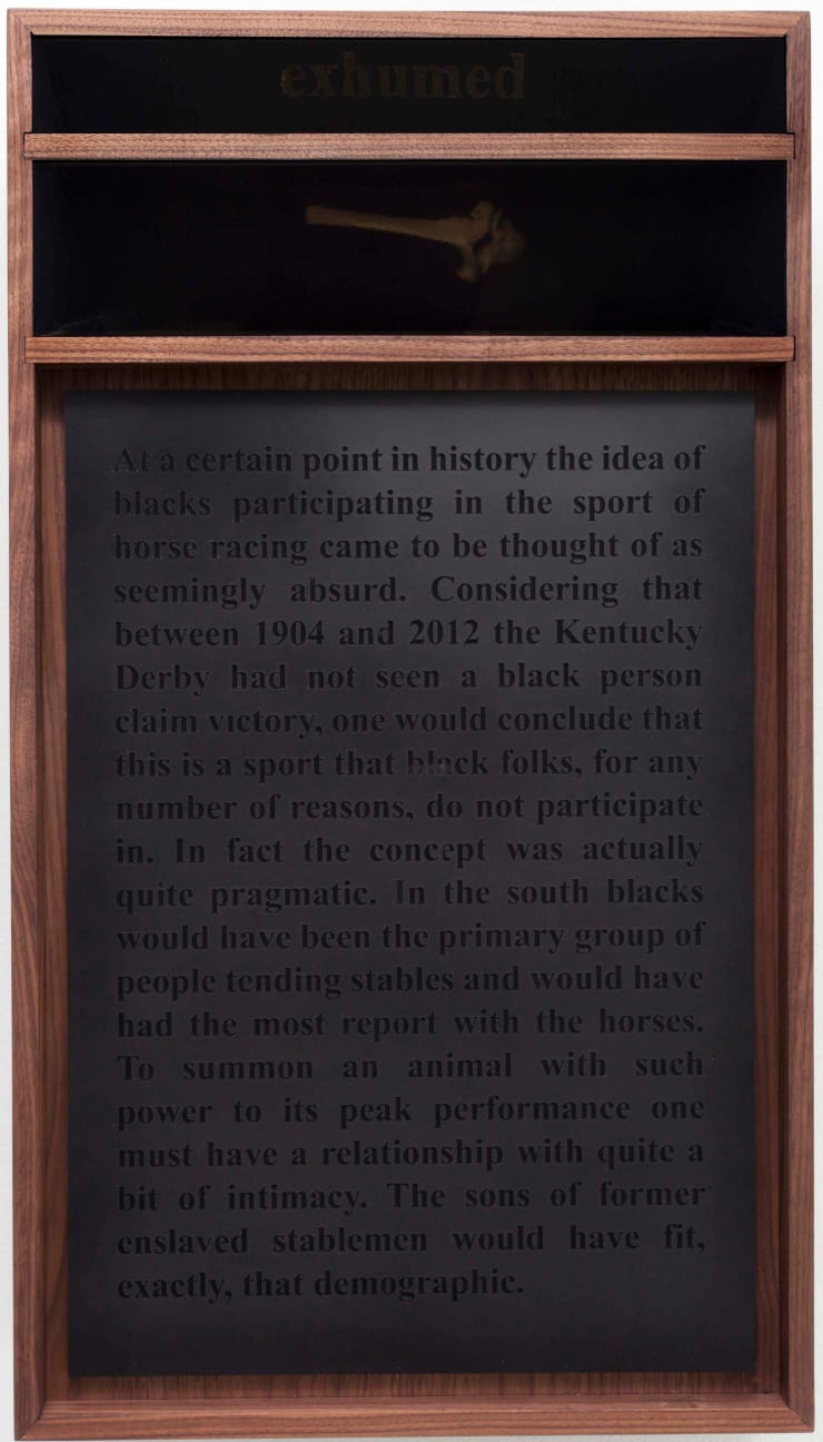 Nate Young Exhumed, 2017 gold leaf, walnut, plexiglass, horse bone, spray paint, LED 28 1/2 x 16 x 6 in. 72.4 x 40.6 x 15.2 cm