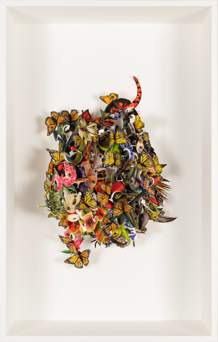 Ebony G. Patterson Studies for a vocabulary of loss XIII, 2024 digital print on archival watercolor paper, and construction paper with feather butterflies, plastic flies, roaches, and memorial rosette with the word "contretemps" 47 1/2 x 30 1/2 x 12 in (framed) 120.7 x 77.5 x 30.5 cm