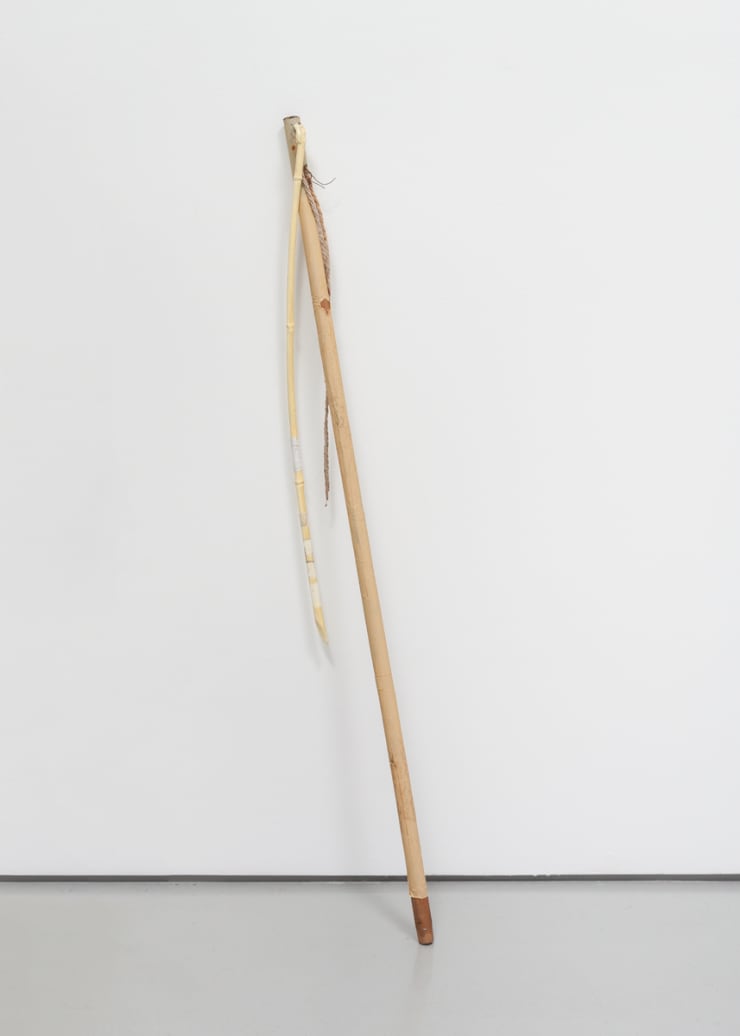 Kate Levant [a ~ploy~] Broomstick’s Bamboo’d’Stick, 2016 Tape, hemp rope, plastic, misc. hardware, and a broomstick 47 1/2 x 5 x 2 in. 120.7 x 12.7 x 5.1 cm