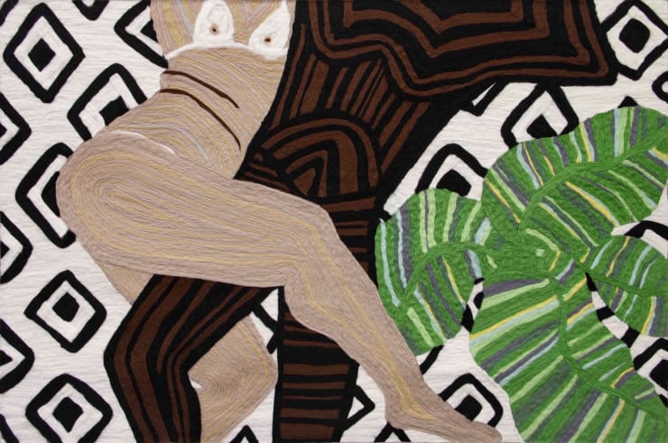 Cheryl Pope Woman and Man Reclining on Striped Mat XI, 2019 Needle-punched wool roving on cashmere 48 3/4 x 72 3/4 in. 123.8 x 184.8 cm