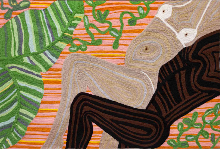 Cheryl Pope Woman and Man Reclining on Striped Mat X, 2019 Needle-punched wool roving on cashmere 47 3/4 x 70 1/2 in. 121.3 x 179.1 cm