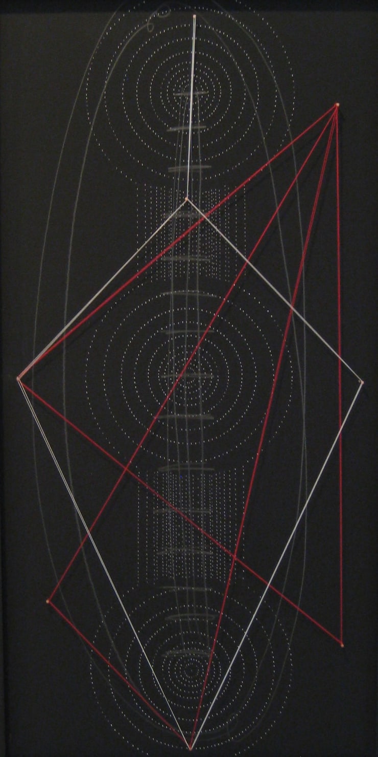 Sheree Hovsepian Thinking of a Master Plan, 2010 Archival pigment print, graphite, string, and nails on board 35 x 18 in. 88.9 x 45.72 cm